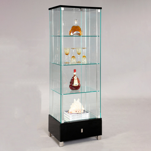 6628-CUR-BLK Contemporary Glass Curio  Shelves, Drawer & LED Lights