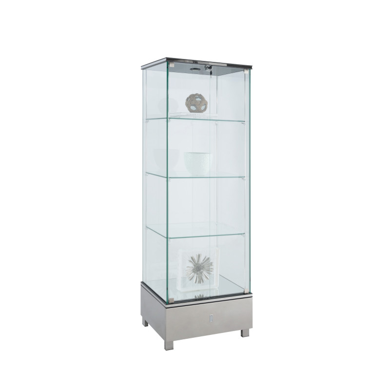 6628-CUR-STL Contemporary Glass Curio  Shelves, Drawer & LED Lights