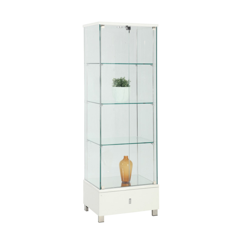 6628-CUR-WHT Contemporary Glass Curio  Shelves, Drawer & LED Lights