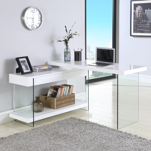 6920-DSK Modern Rotatable Glass & Wooden Desk  Drawers & Shelf
