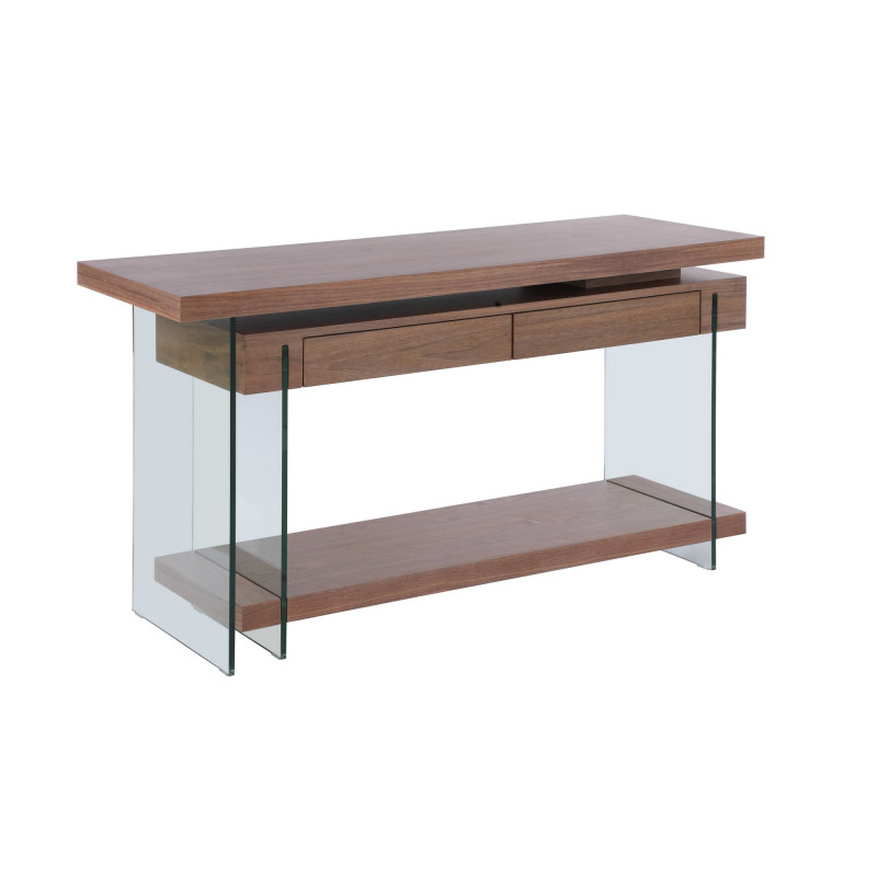 6920-DSK-WAL Modern Rotatable Glass & Wooden Desk  Drawers & Shelf