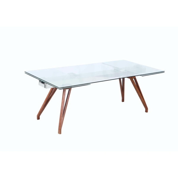 ERIKA-DT Modern Dining Table  Extendable Glass Top & Solid Wood Legs