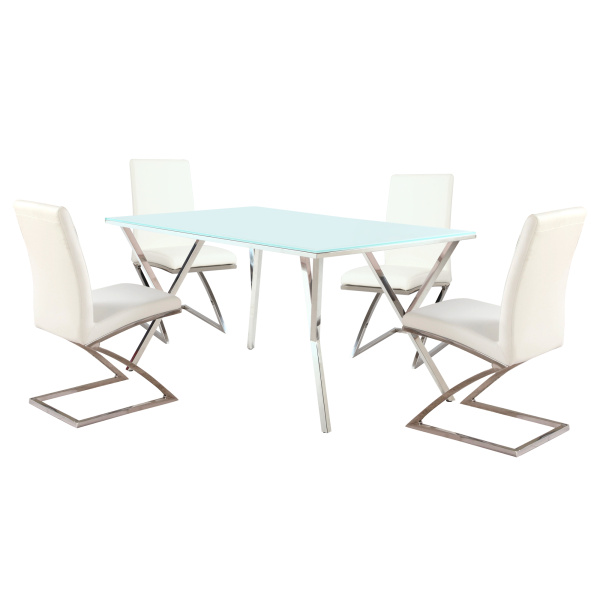 Modern Dining Set with Starphire Glass Table & White Upholstered Chairs ...