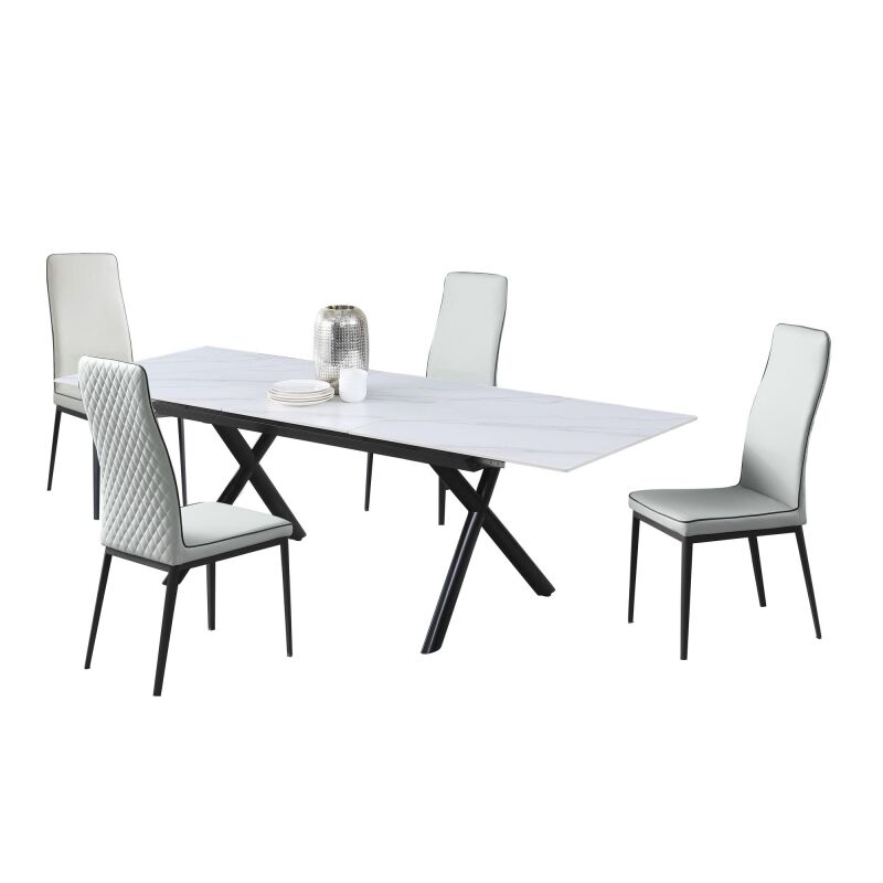 Karol 5pc Chintaly Imports Dining Set W Extendable Sintered Stone Top Table 4 Diamond Stitched Back Chairs 3