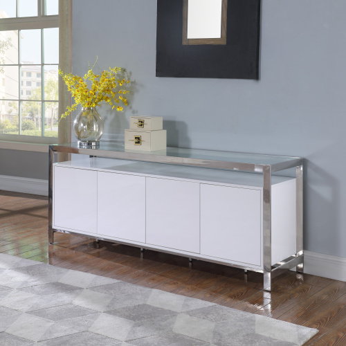 KRISTA-BUF Modern White Buffet  Stainless Steel & Tempered Glass Top