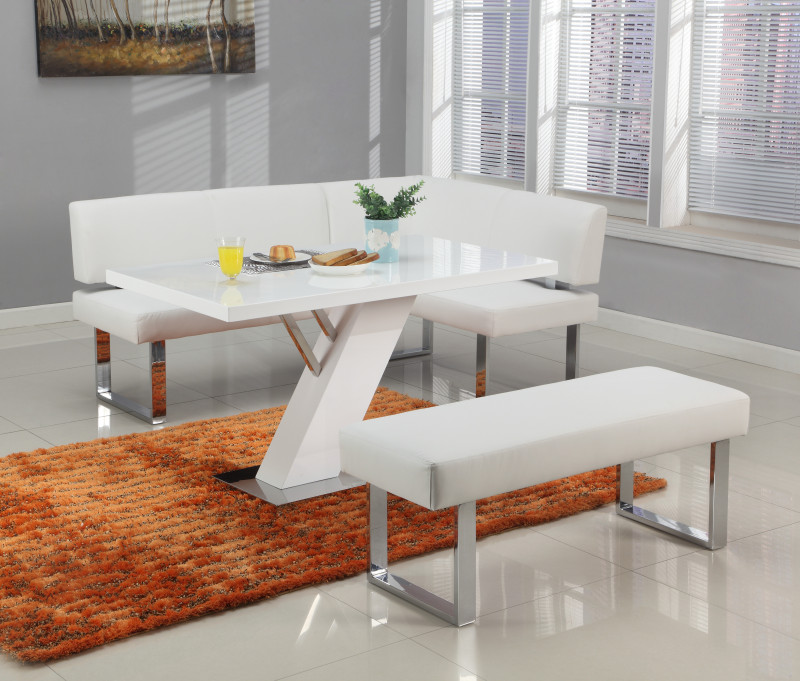 LINDEN-3PC Contemporary Dining Set White Gloss Table, Upholstered Bench & Nook