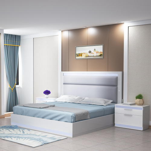 MOSCOW-KG-BED Modern Upholstered Gloss White King Bed  LED Lights