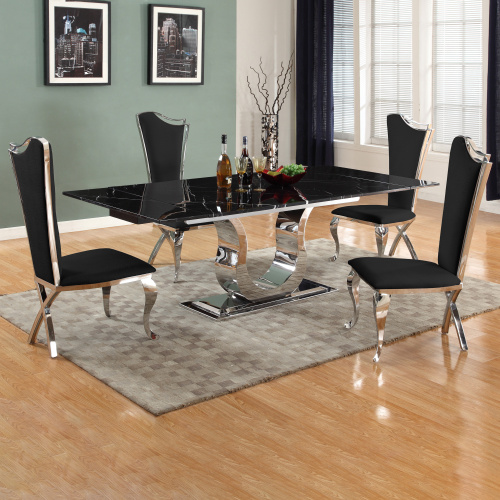 NADIA-5PC-BLK Contemporary Dining Set  Extendable Marble Table & 4 Black Chairs