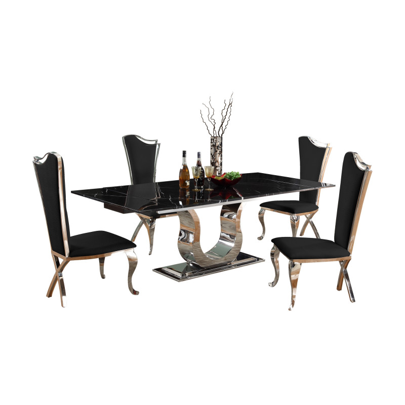 NADIA-5PC-BLK Contemporary Dining Set  Extendable Marble Table & 4 Black Chairs