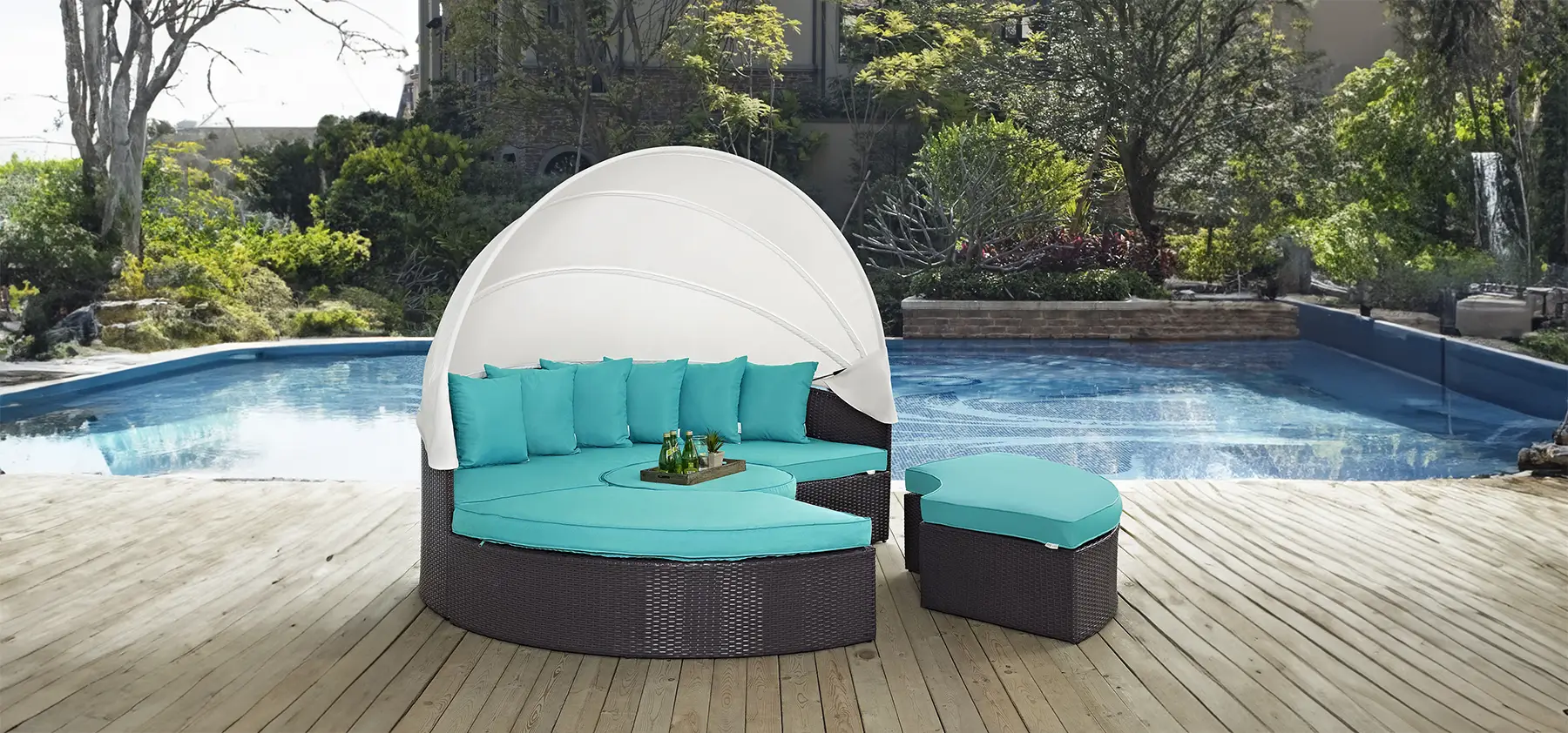 Convene Canopy Outdoor Patio Daybed in Espresso and Turquoise