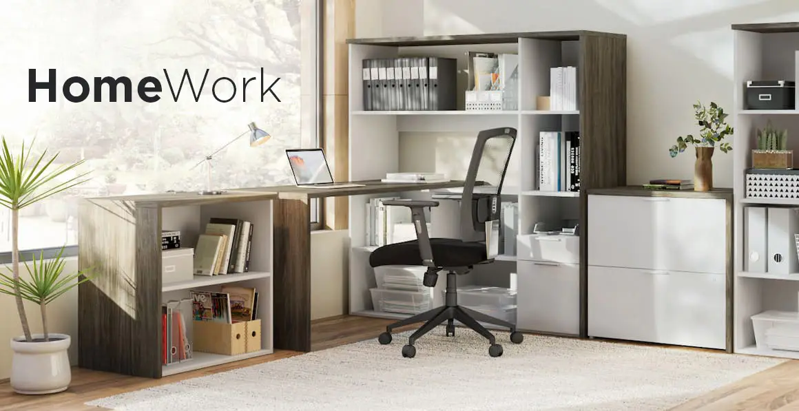 A home office with a desk and bookshelves.