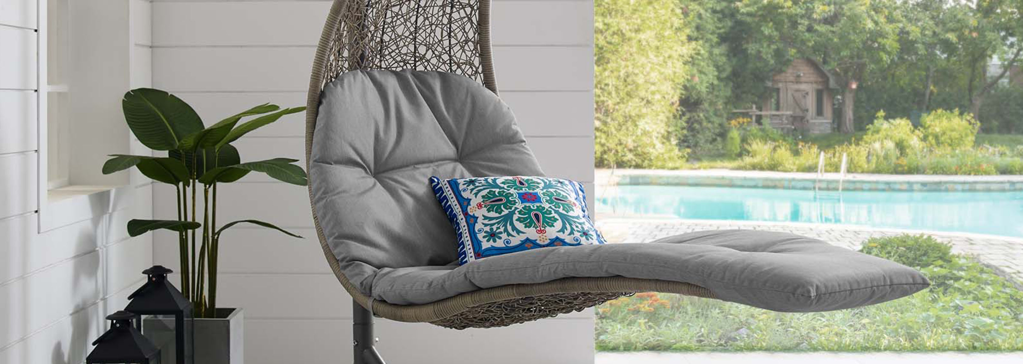 Outdoor pillows with classic designs add comfort and style.
