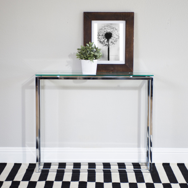 28021CLR Sandor Long Console Table with Clear Tempered Glass Top and Chrome Frame