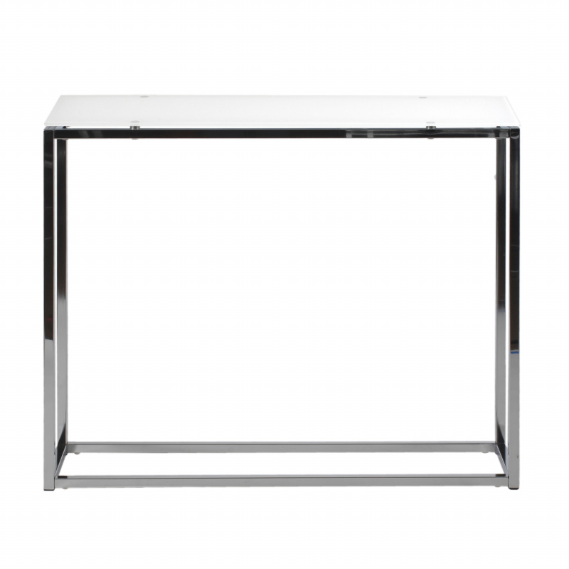 28033PUREWHT Sandor Console Table with Pure White Tempered Glass Top and Chrome Frame