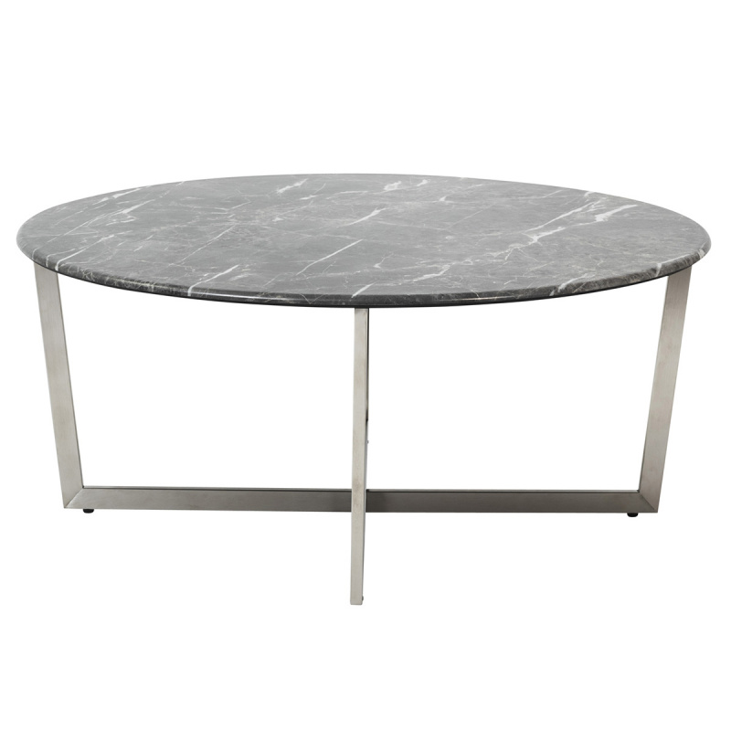 90376BLK Llona 36" Round Coffee Table in Black Marble Melamine with Brushed Stainless Steel Base