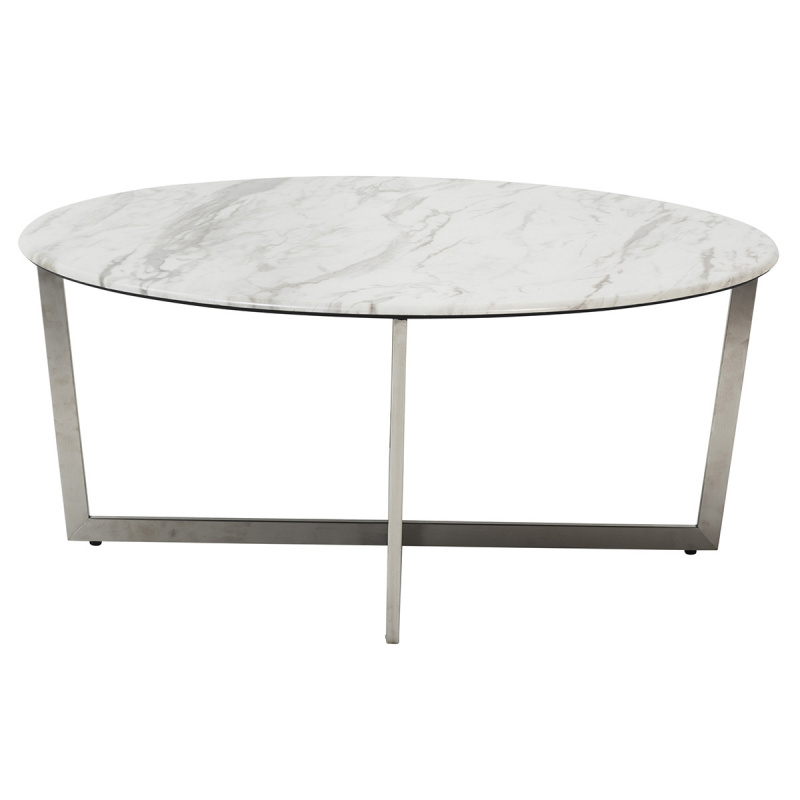 90376WHT Llona 36" Round Coffee Table in White Marble Melamine with Brushed Stainless Steel Base