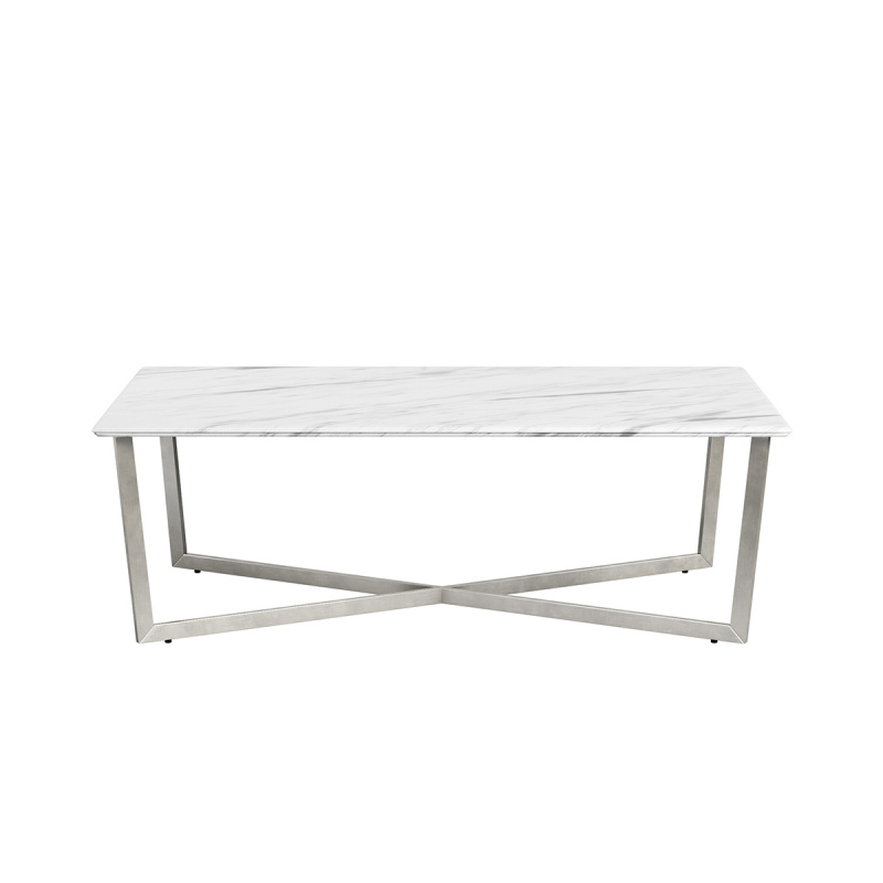 90380WHT Llona 48" Rectangle Coffee Table in White Marble Melamine with Brushed Stainless Steel Base