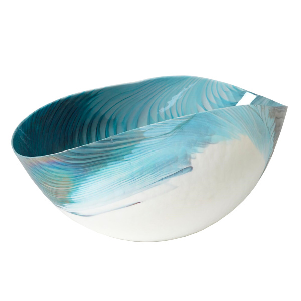 3.31467 Global Views Ivory Turquoise Feather Swirl Oval Bowl-Lg 3.31467