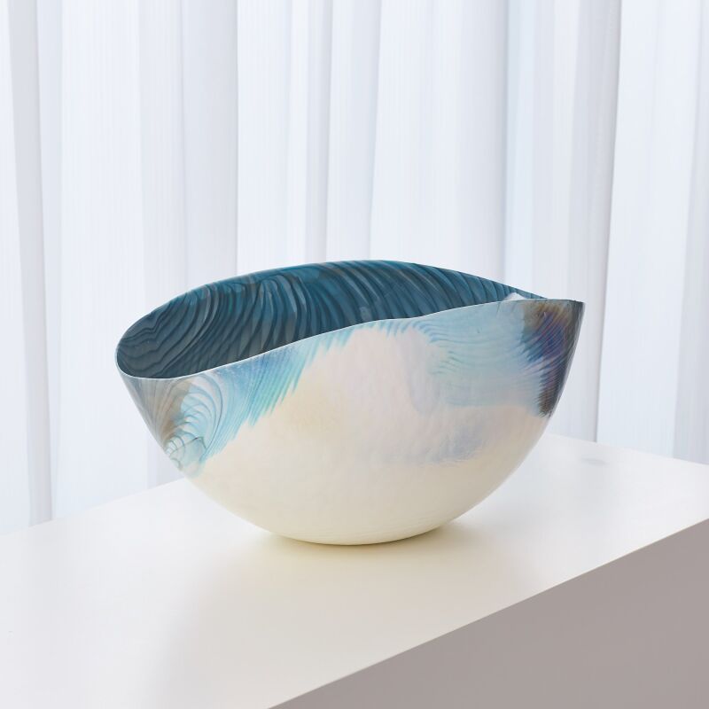 3.31467 Global Views Ivory Turquoise Feather Swirl Oval Bowl-Lg 3.31467