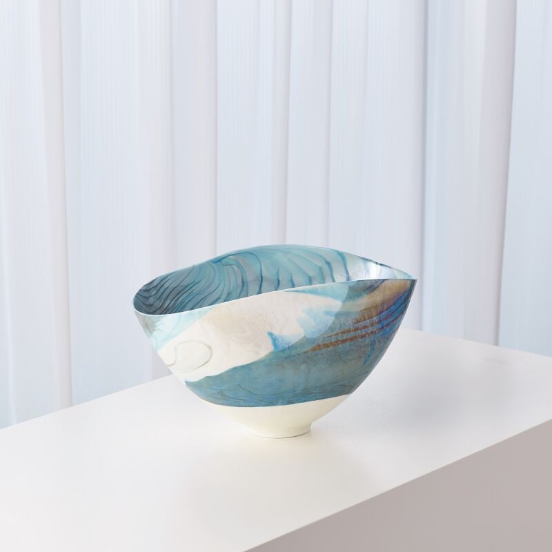 3.31468 Global Views Ivory Turquoise Feather Swirl Oval Bowl-Sm 3.31468