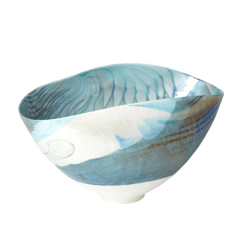 3.31468 Global Views Ivory Turquoise Feather Swirl Oval Bowl-Sm 3.31468
