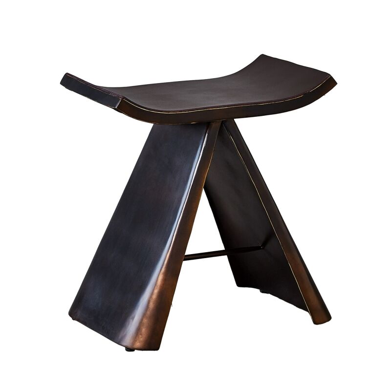 9.93574 Global Views Mod Metal Stool w/ Brown Leather Seat Cover-Bronze 9.93574