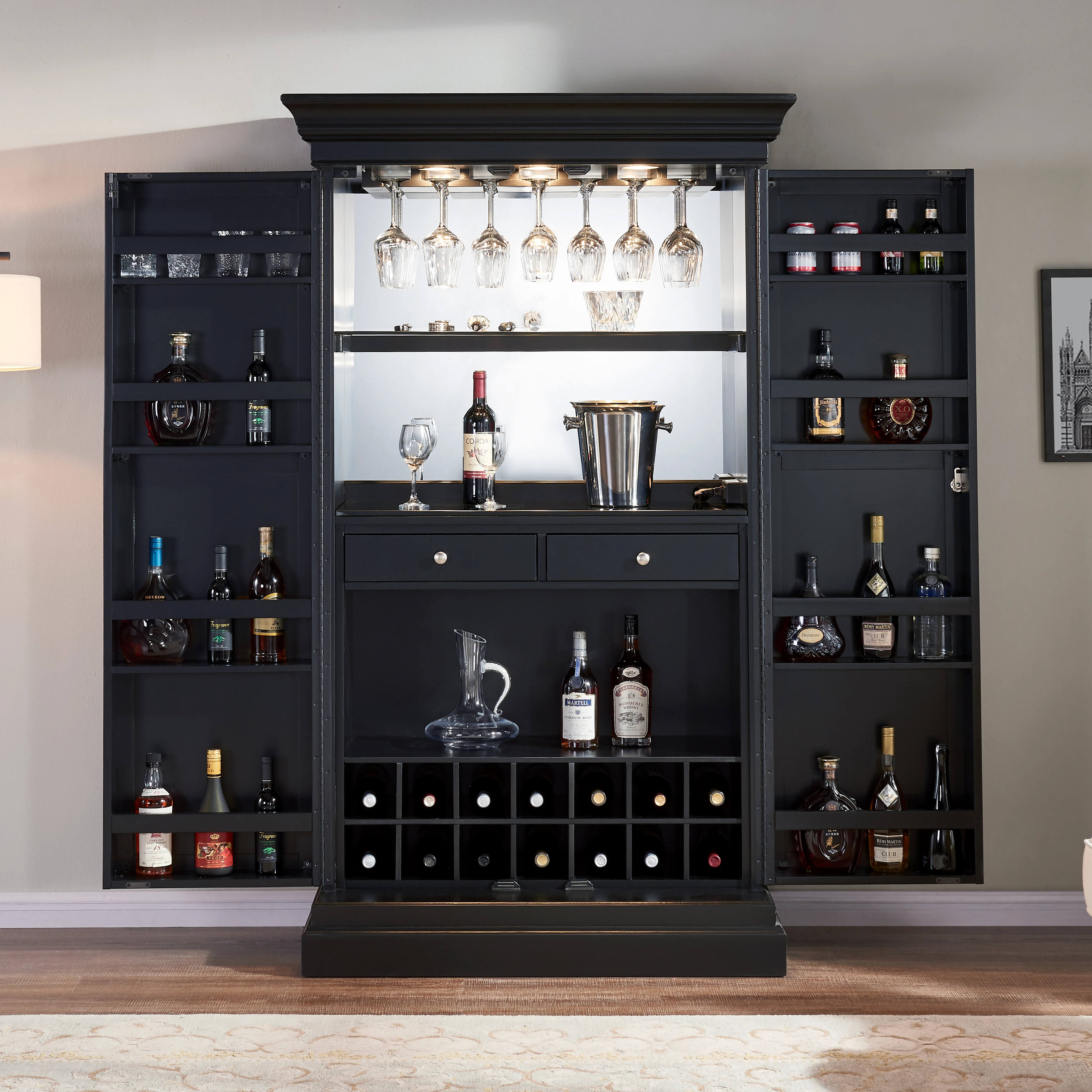 Dark Brown Cherry Buffet with Storage Coffee Bar Cabinet Wine