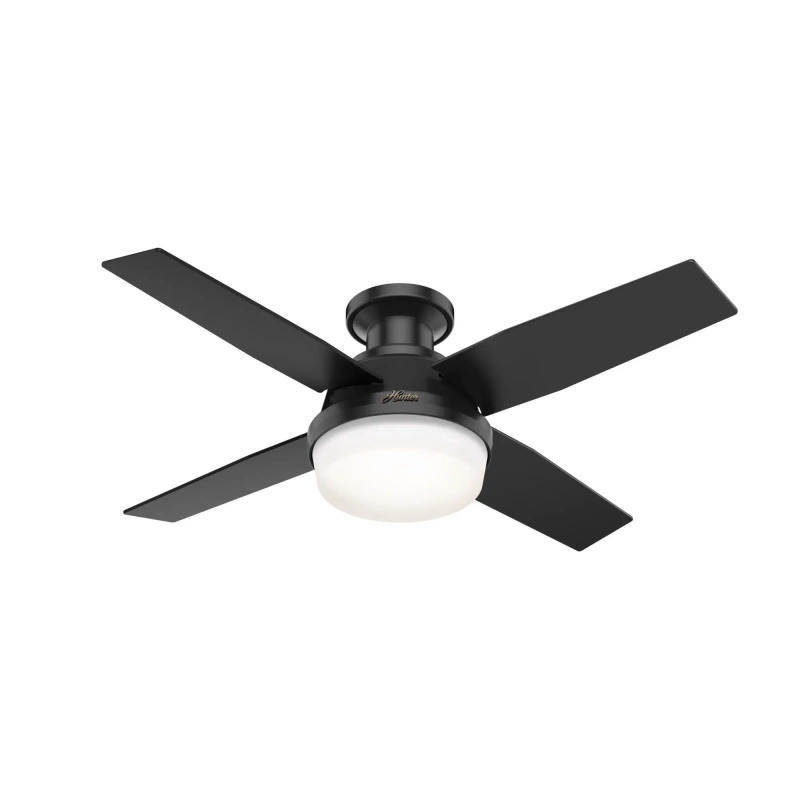 50400 Hunter 44 inch Dempsey Matte Black Low Profile Damp Rated Ceiling Fan with LED Light Kit and Handheld Remote