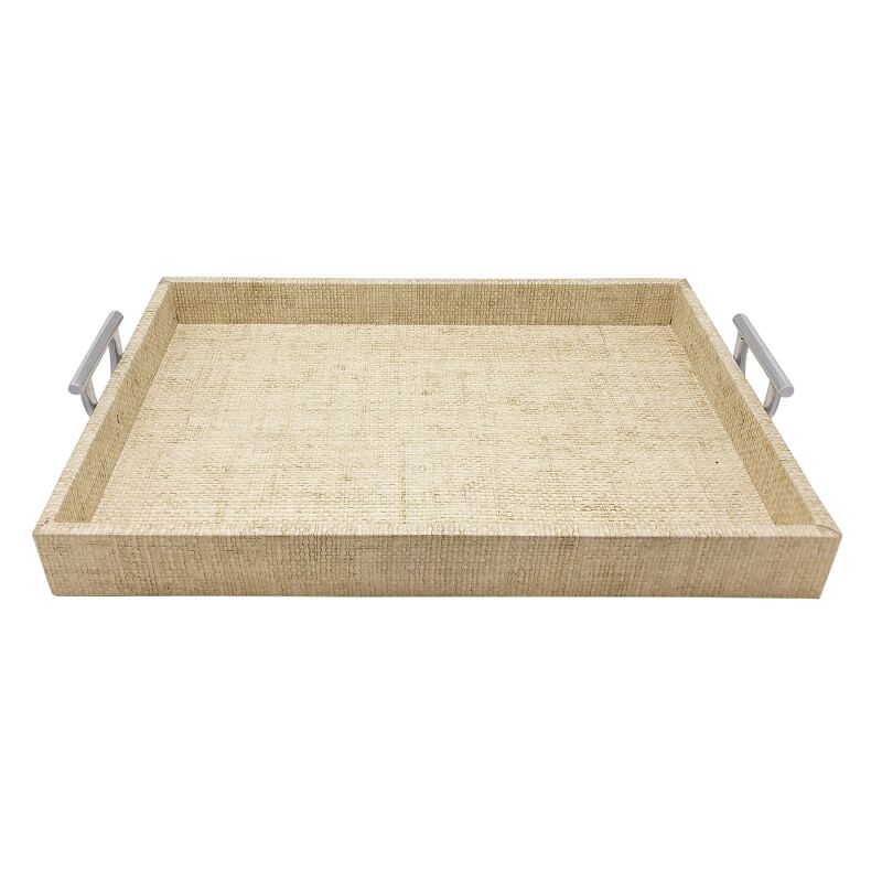 7050NA Sand Faux Grasscloth Tray with Metal Handles