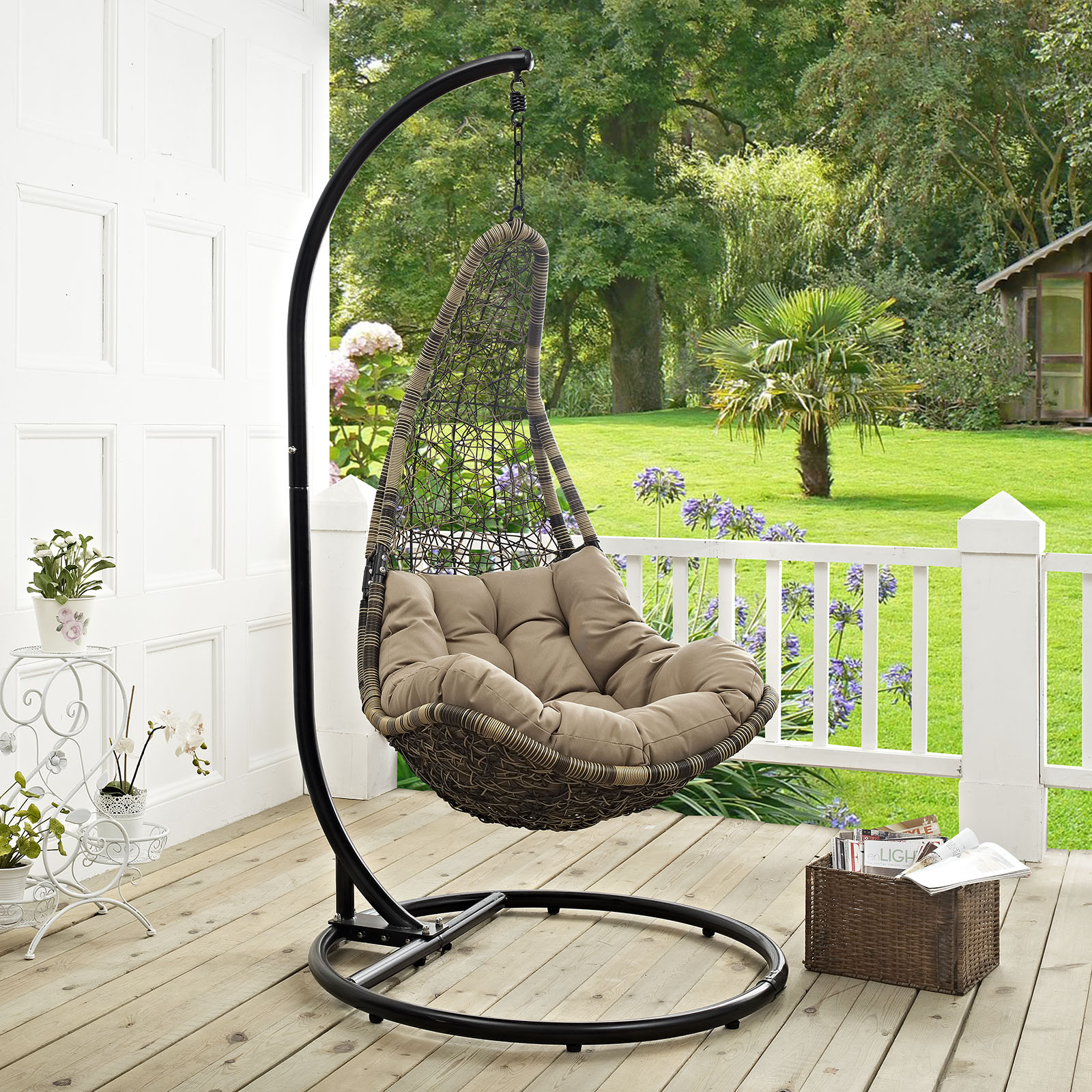 Abate Outdoor Patio Swing Chair With Stand in Black Mocha by Modway