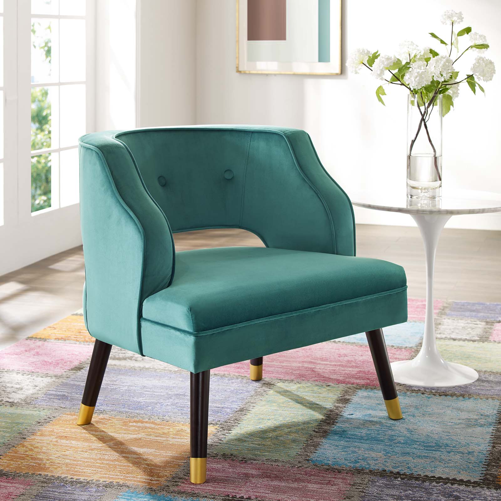 traipse button tufted open back stain resistant velvet armchair teal