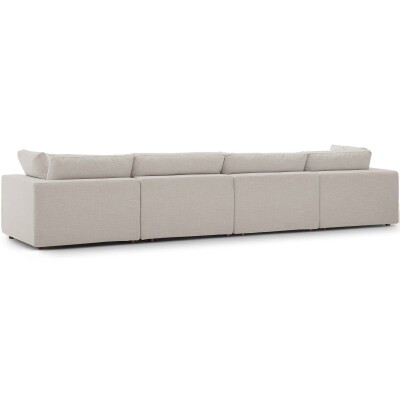 A sectional sofa with a light beige fabric.