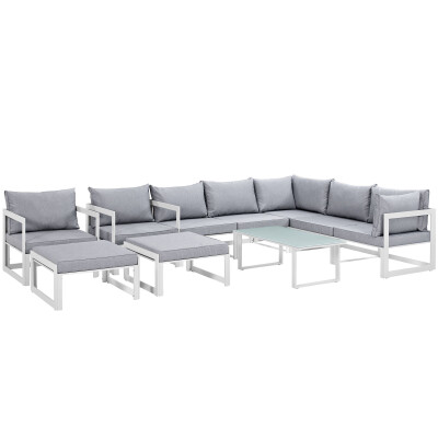 EEI-1720-WHI-GRY-SET Fortuna 10 Piece Outdoor Patio Sectional Sofa Set Arm Chairs