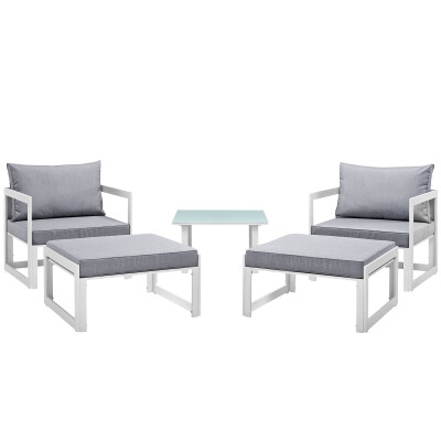 EEI-1721-WHI-GRY-SET Fortuna 5 Piece Outdoor Patio Sectional Sofa Set Arm Chairs