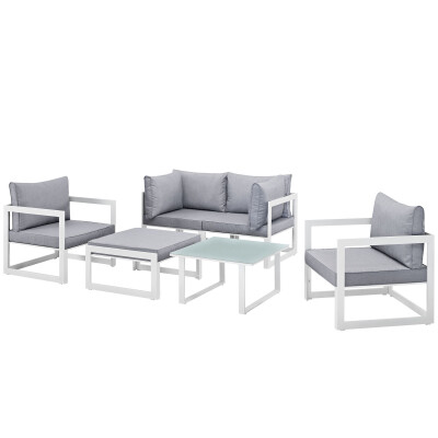 EEI-1723-WHI-GRY-SET Fortuna 6 Piece Outdoor Patio Sectional Sofa Set