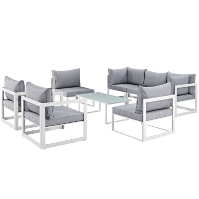 EEI-1725-WHI-GRY-SET Fortuna 8 Piece Outdoor Patio Sectional Sofa Set