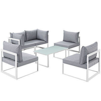 EEI-1726-WHI-GRY-SET Fortuna 6 Piece Outdoor Patio Sectional Sofa Set
