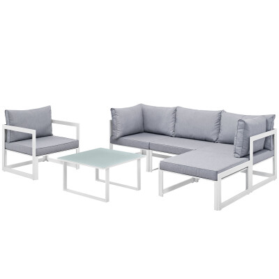 EEI-1731-WHI-GRY-SET Fortuna 6 Piece Outdoor Patio Sectional Sofa Set
