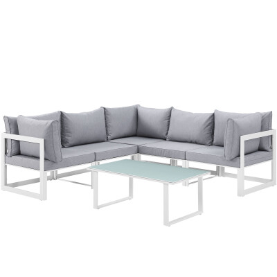 EEI-1732-WHI-GRY-SET Fortuna 6 Piece Outdoor Patio Sectional Sofa Set