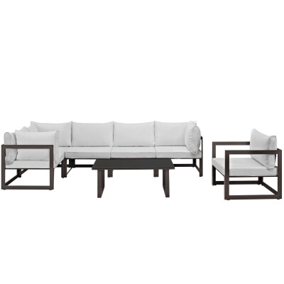 EEI-1733-BRN-WHI-SET Fortuna 7 Piece Outdoor Patio Sectional Sofa Set Arm Chairs