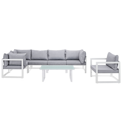 EEI-1733-WHI-GRY-SET Fortuna 7 Piece Outdoor Patio Sectional Sofa Set