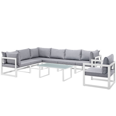 EEI-1736-WHI-GRY-SET Fortuna 8 Piece Outdoor Patio Sectional Sofa Set Arm Chairs