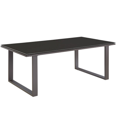 A black coffee table with a metal frame and glass top.