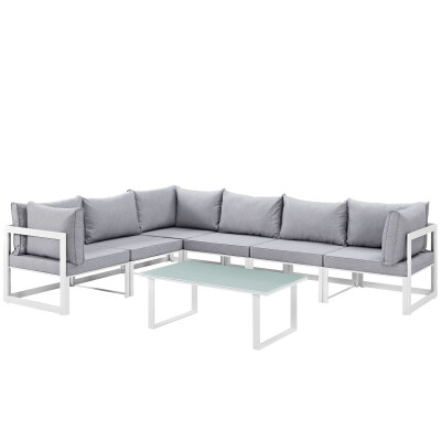 EEI-1737-WHI-GRY-SET Fortuna 7 Piece Outdoor Patio Sectional Sofa Set