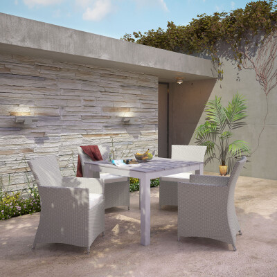 EEI-1744-GRY-WHI-SET Junction 5 Piece Outdoor Patio Dining Set Gray White Arm Chairs