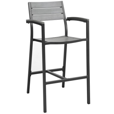 An outdoor bar chair with a black seat and armrest.