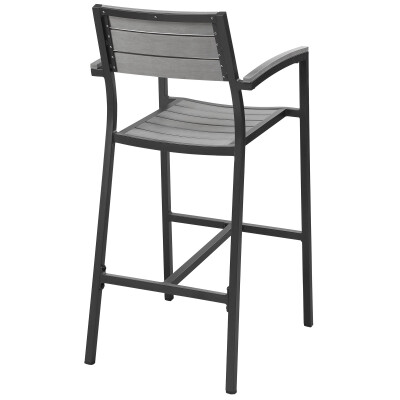 An outdoor bar chair with a black seat and back.