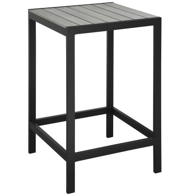 A black and grey bar stool with a wooden top.