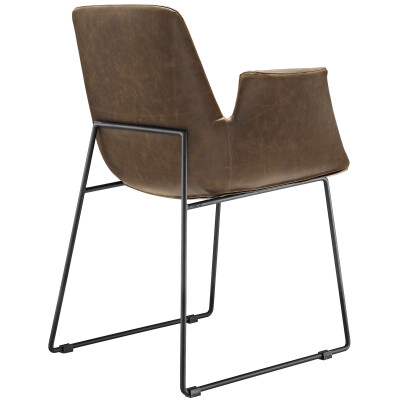 A brown leather dining chair with a black metal frame.