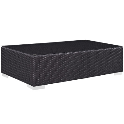 A black wicker coffee table on a white background.